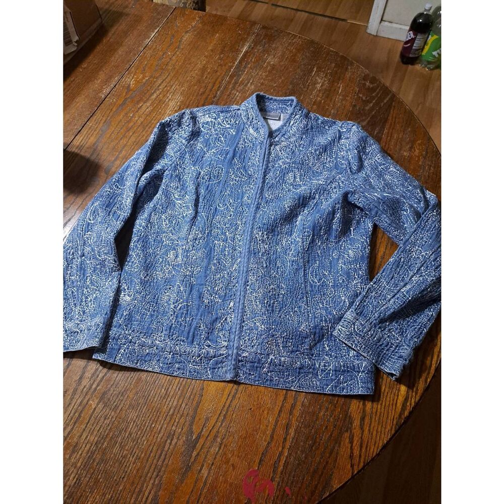Small Size 4 Chicos 0 Blue White Cotton Long Sleeve Denim Look Jacket Blazer